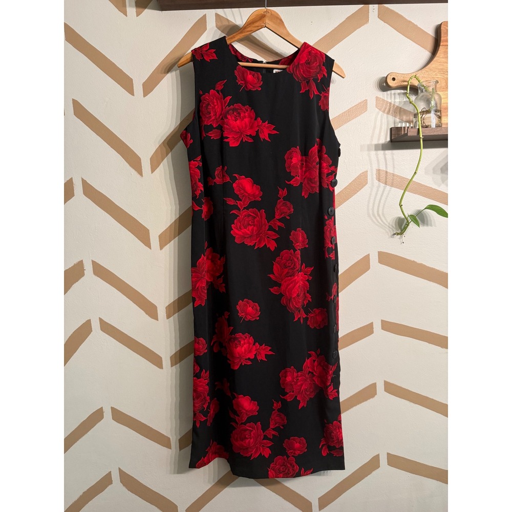 R&K Originals Petite Midi Dress Womens 12P Black Red Floral Rose Side Button 90s